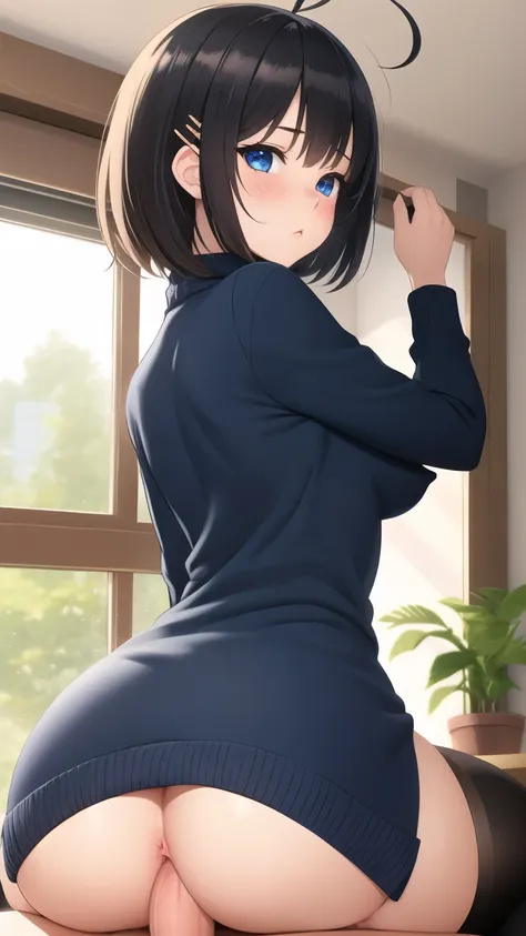 1girl, looking at viewer, blush, short hair, blue eyes, black hair, hair ornament, long sleeves, 1boy, ass, ahoge, hetero, food, penis, pussy, solo focus, hairclip, looking back, indoors, sex, vaginal, sweater, pubic hair, window, uncensored, anus, bottoml...