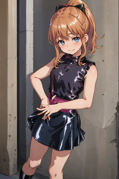 best quality, (masterpiece:1.2), highly detailed, standing, street,
1girl, solo, akatsuki minami,
looking at the viewer, closed mouth, smile, slight blush,
blue eyes, brown hair, ponytail, hair bow, sleeveless, ((dominant girl, latex skirt,  latex shirt))