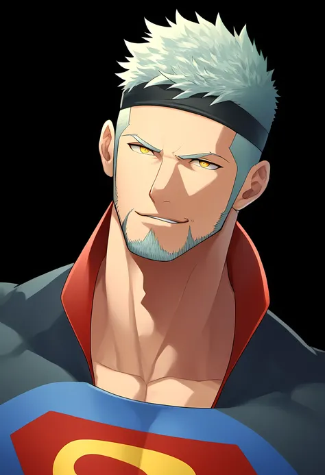 anime characters：Guy, Priapus, 1 young muscular man, male focus, Sporty black headband, turtleneck superman tight t-shirt, superman logo, muscular male, muscular, only, Upper body, alone, white short hair, stubble, yellow eyes, blink, black background, sim...