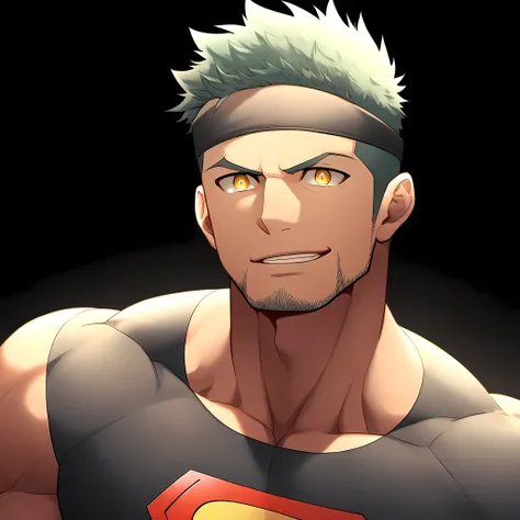 anime characters：Guy, Priapus, 1 young muscular man, male focus, Sporty black headband, turtleneck superman tight t-shirt, superman logo, muscular male, muscular, only, Upper body, alone, white short hair, stubble, yellow eyes, blink, black background, sim...