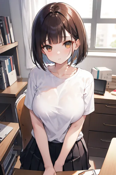 frame in, from right in front of face and body, view straight on, upper body, High quality, very high res, High quality, cute girl, brown hair, forehead, blunt bangs, bob cut, blush, Brushed up bangs, (white wearing a plain t-shirt), upright, pleated skirt...