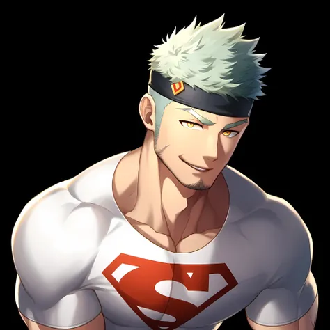 anime characters：Guy, Priapus, 1 young muscular man, male focus, Sporty black headband, turtleneck superman tight t-shirt, superman logo, muscular male, muscular, only, Upper body, alone, white short hair, stubble, yellow eyes, blink, black background, sim...