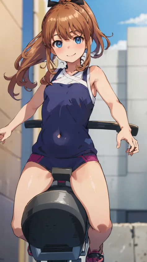 best quality, (masterpiece:1.2), highly detailed, street,
1girl, solo, akatsuki minami,
looking at the viewer, closed mouth, smile, slight blush,
blue eyes, brown hair, ponytail, hair bow, sleeveless, ((dominant girl, navel)),(( riding machine))