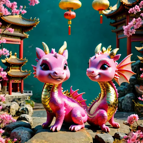 (masterpiece, highest quality:1.2), Q version, cute little dragon, Chinese style, pink space, festival atmosphere, spring festival, cute dragon horn, chinese elements, comics, Cute Pets, lively.