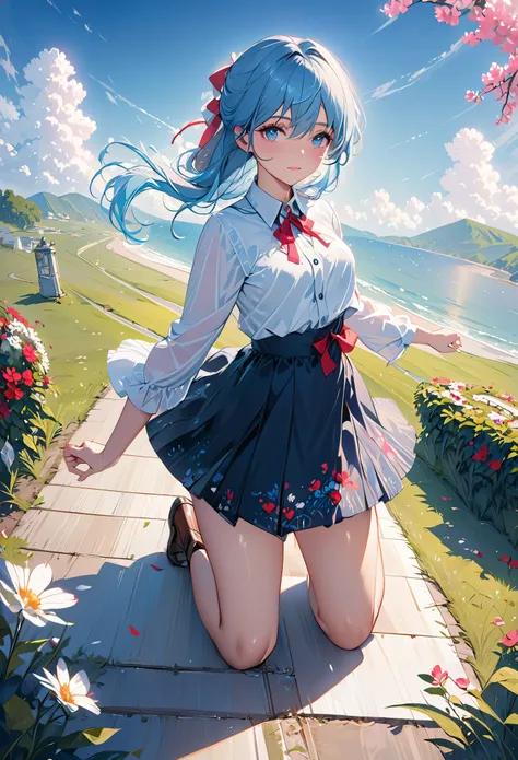 (detailed beautiful eyes and detailed face, masterpiece side light, masterpiece, best quality, detailed, High resolution illustration), (1 girl, beautiful girl, skin shiny), (sky blue hair, pink eyes, skirt, ribbon, button shirt)(Kneeling on the ground)