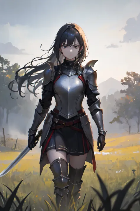 ((best quality)), ((masterpiece)), (detailed), perfect face, strong emotion, 1girl wielding a sword outward and down to her side...