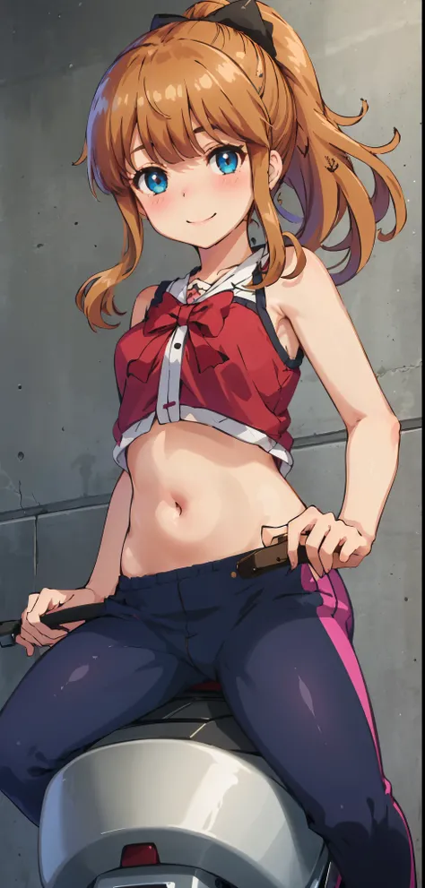 best quality, (masterpiece:1.2), highly detailed, street,
1girl, solo, akatsuki minami,
looking at the viewer, closed mouth, smile, slight blush,
blue eyes, brown hair, ponytail, hair bow, sleeveless, ((dominant girl, navel)),(( riding machine))