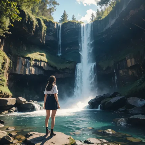 A girl infront of waterfall