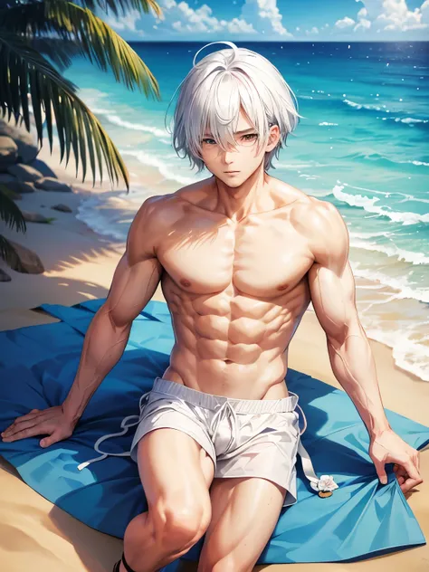 Anime guy with white hair shirtless on the beach 