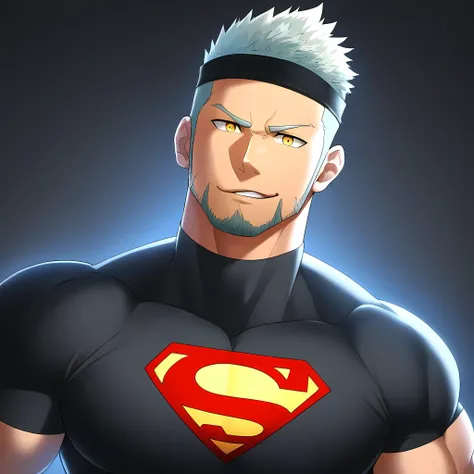 anime characters：Guy, Priapus, 1个年轻的muscular man, male focus, Sporty black headband, Black Turtleneck Superman Tight T-Shirt, superman logo, muscular man, extra large breasts, only, Upper body, alone, white short hair, stubble, yellow eyes, blink, black ba...