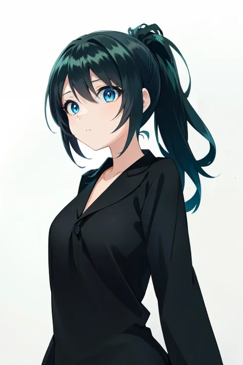 anime girl with ponytail in black dress and blue collared shirt, anime moe artstyle, attractive anime girl, anime girl wearing a black dress, seductive anime girl, anime style 4 k, smooth anime cg art, kantai collection style, beautiful anime girl, 4 k man...