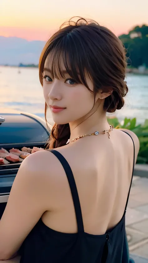 (((perfect anatomy))),Charcoal BBQ on the sandy beach with a beautiful sunset.,A light smoke rises,A 20-year-old idol who looks great in necklaces and earrings,Nice white string bikini,(((It looks cute when you turn around with the side of the grill behind...