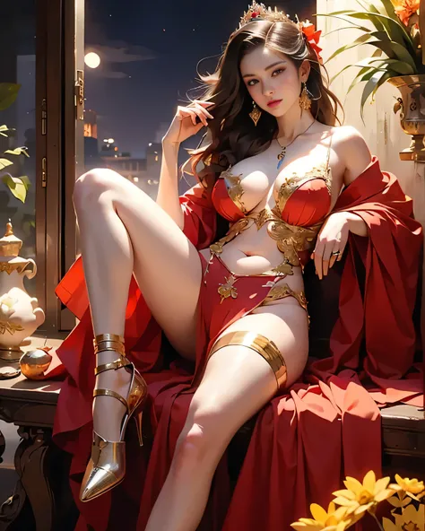 Best quality, masterpiece, meticulous detail, realistic, 1 girl, a hot beautiful princess sitting in the heavenly garden under the moonlight, big breast, big hips, long leg, sexy, full body, blissful