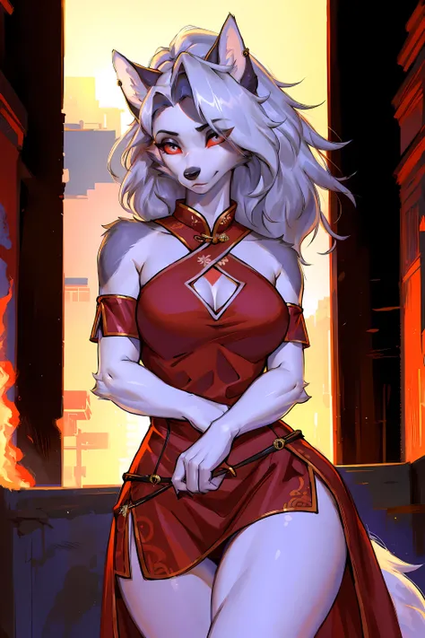 (best quality,4k,8k,high resolution,masterpiece:1.2),Super detailed,(actual,photoactual,photo-actual:1.37),red eyes,hairy,wolf girl,(beautiful/delicate eyes:1.1),feminine face,long eyelashes,(red clothes:1.1),(qipao,cheongsam:1.1),flowing chiffon,(jewelry/...