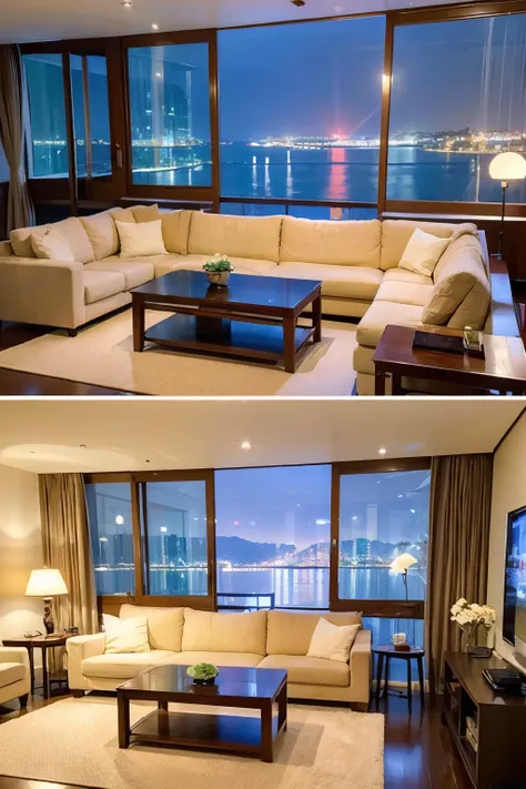 ((Best quality, 8K, Masterpiece :1.3)), Majestic view of Pazhou Bay at night: 1.4, Starry nights with twinkling lights: 1.2, Warm and luxurious atmosphere: 1.5, Spacious living room with large floor-to-ceiling windows: 1.1, Inviting comfortable seating are...