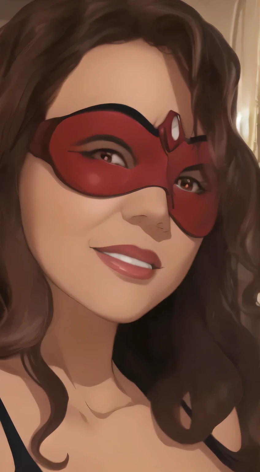 ((close-up, eye mask)), a 40yo woman (shoulder-lenght wavy hair, brown eyes, smile),  (wearing black bikini), ((Red Eye Mask)), in a pool, (masterpiece, best quality:1.2), photorealistic, HDR, 4K, 8K, 16K