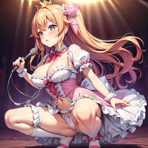 idol costume、frills、ribbon、puffy short sleeves、little princess pichi,huge breasts,young girl,small 、squat with legs apart、lace fancy panties、lace underwear,Please open the white love juice on your thighs.、Drip a large amount of love juice、blush、embarrassed...