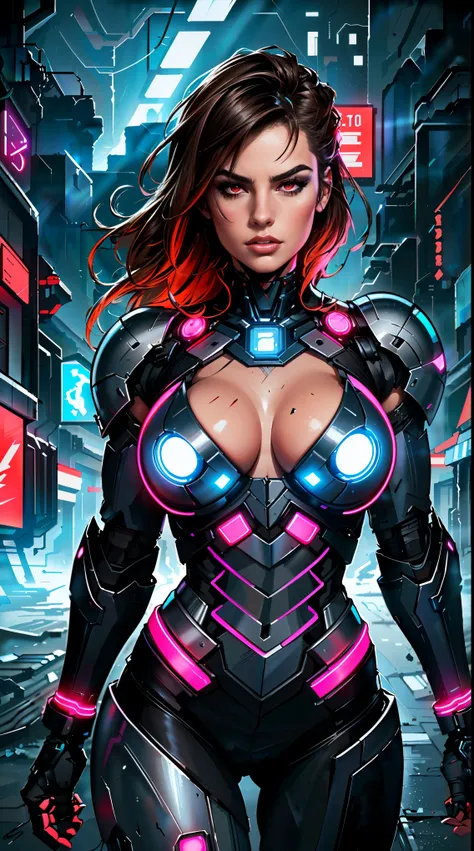 (best quality,ultra-detailed,realistic:1.37),woman cyborg,red eyes,evil,anime,huge ,sleek metallic body,expressionless face,glowing circuits,enormous energy blade,mechanical limbs,dystopian city backdrop,neon lights reflection,dark and ominous atmosphere