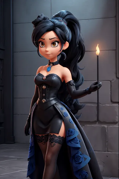 1 woman, black hair, socialite ponytail, blue rose ornament in hair, smash legends cindy character face, biting her lower lip, black tea lenght dress, blue rose pinned on waist, long black princess gloves with intricate designs, black thigh highs intricate...