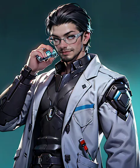 11:23(((best quality: 1.4))),(Unparalleled masterpiece), (super high quality),(Hyper-realistic 8K CG)、(middle-aged man有胡子),(There are technological elements on the clothes),(beard),(bad guy),Handheld experimental equipment,crazy smile,middle-aged man,50 ye...