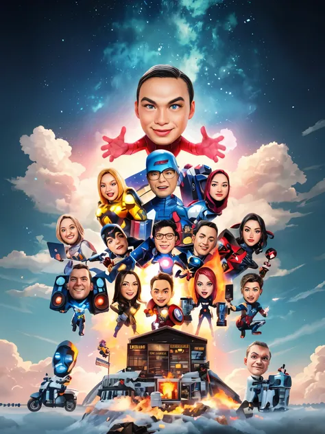 a close up of a poster with a bunch of superheroes on it, full portrait, clear sky, colorful clouds, colorful, HDR, 3d collage, inspired by Avengers, digital art cartoon, portrait, movie promotional image, fan art, caricature illustration, digital art, by ...