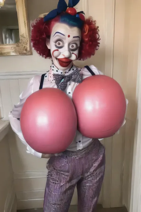 masterpiece, best quality, blush, sexy real life clown girl wearing a clown themed suit and tie with polka dots, big red clown nose ball, clown makeup, standing with hands on hips, huge fake breasts, spherical breasts, floating breasts, whimsical formal cl...