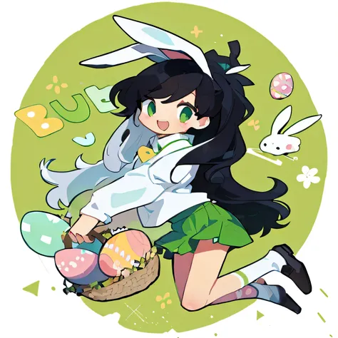 black hair, White shirt, green skirt, white rabbit, Easter Egg