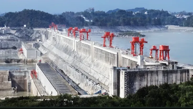 there are many red poles on the side of a dam, an attractive, photo taken in 2 0 2 0, the photo shows a large, huge success, an enormous, a large, recognizable, beijing, most popular, the most beautiful, good looking, guangjian, waneella, extremly high qua...