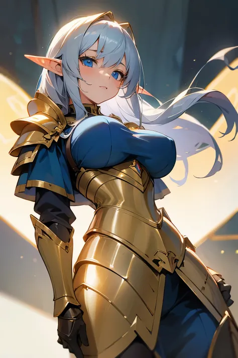 Cute girl, gold and blue knight armor, gray hair, elf ears, blue eyes, big breasts,