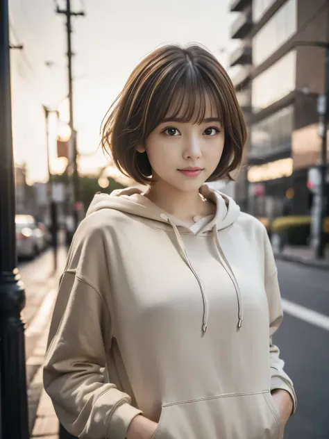 (8k, RAW photo, highest quality, masterpiece:1.2), (realistic, photo-realistic:1.4), (Highly detailed 8K wallpaper),
perfect female body, Tight, 
famous japanese idol, 20 year old girl, 
medium short hair, messy hair, light brown hair, 
hoodie, happiness l...