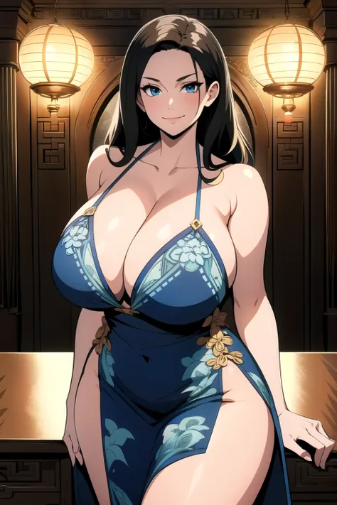 masterpiece, ((ultra detailed background, delicate pattern, intricate detail)), (highly detailed, fine details), best quality, beautiful lighting, (gigantic breasts)), NicoRobinV2, 1girl, black hair, long hair, solo, gigantic breasts, (smile), blue eyes, c...