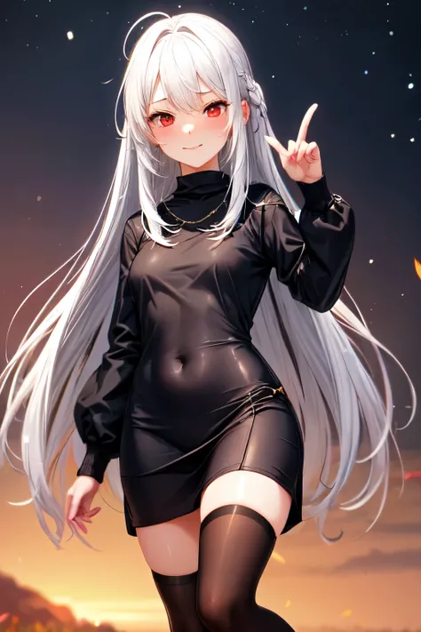 1 girl,white hair,long hair, victoria style,Wear long stockings,Wear it to cover your neck.,Height170 ,Make an embarrassed face.,ruby red eyes