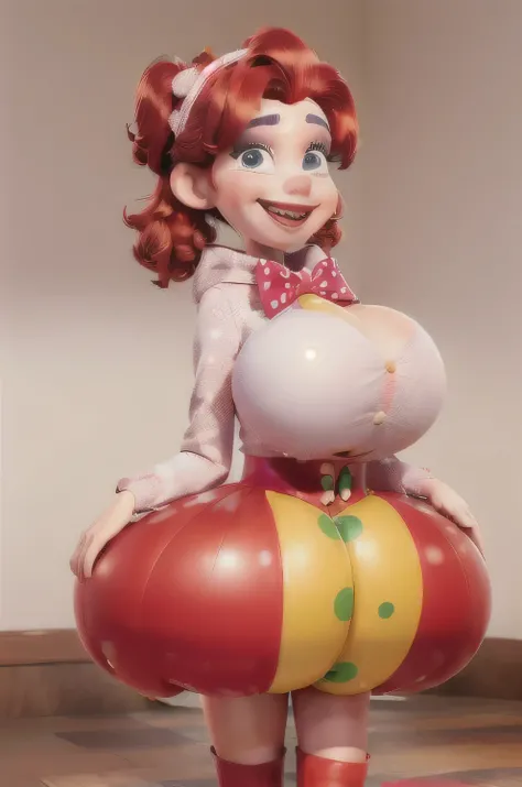 masterpiece, best quality, blush, sexy 3D pixar style clown girl character wearing a clown themed suit and tie with polka dots, big red clown nose ball, clown makeup, standing with hands on hips, huge fake breasts, spherical breasts, floating breasts, whim...