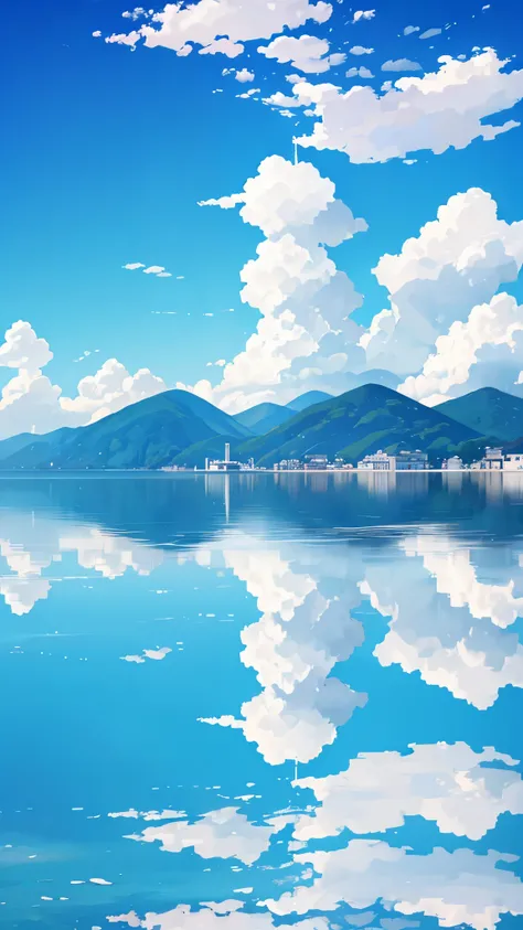 Blue sky and sea，water平线在画面中间，Blue sky and white clouds reflected on the sea，(reflective_water:1.3),（Symmetrical up and down），Symmetrical beauty