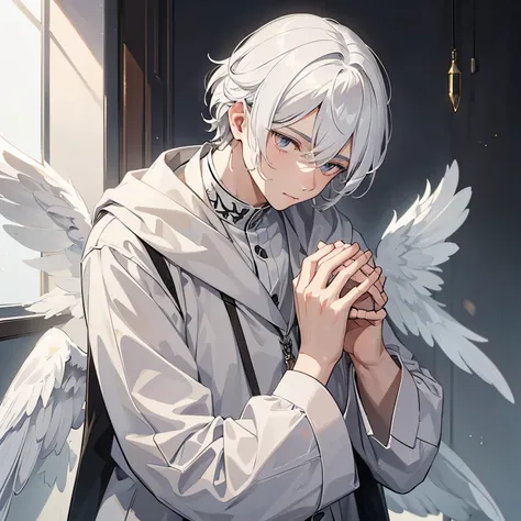 A man with an innocent look with white hair and gray doe eyes and has four little wings on his head, while hes praying 