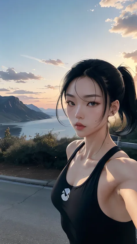 Jin is captured mid-stride as she traverses a scenic jogging trail in the early morning light. Her lean frame is clad in breathable activewear, and her sleek black hair is pulled back in a high ponytail, trailing behind her as she runs. With determination ...