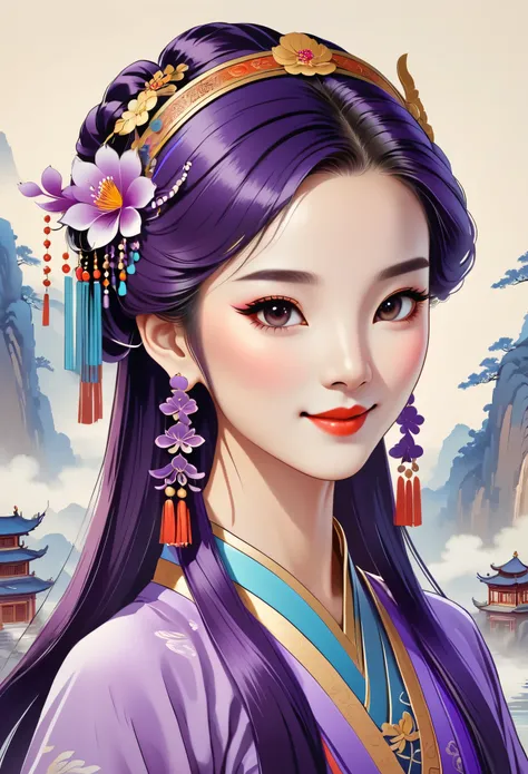 (Avatar badge design:1.3)(chinese traditional minimalism:1.1)，closeup portrait，Left picture，中国妖娆girl，charming smile，dance solo，girl，beauty，grace，Purple color scheme，hair，hair accessories，earrings，Detailed shadow vector drawing，(graphics rules)，Illustration...