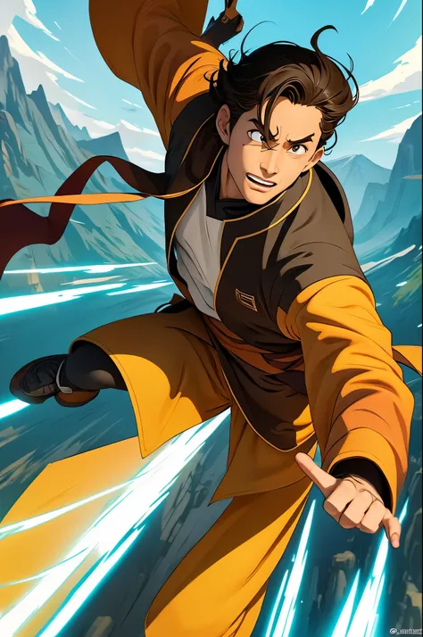 Dynamic Pose: Depict Aang in a dynamic and engaging pose that showcases his agility and mastery of airbending. He could be mid-air, riding his glider, or striking a powerful bending stance.

Air Nomad Attire: Dress Aang in his traditional Air Nomad robes, ...