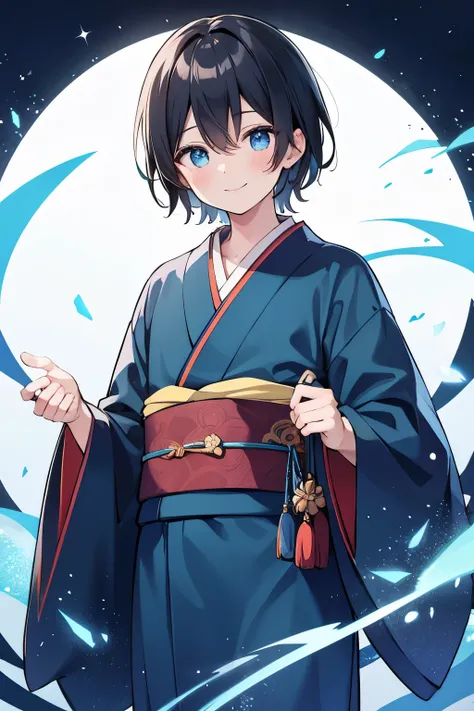 1 boy, black hair, blue eyes, wearing cyan kimono, looking at the viewer and smiling, high res, ultrasharp, 8k, masterpiece