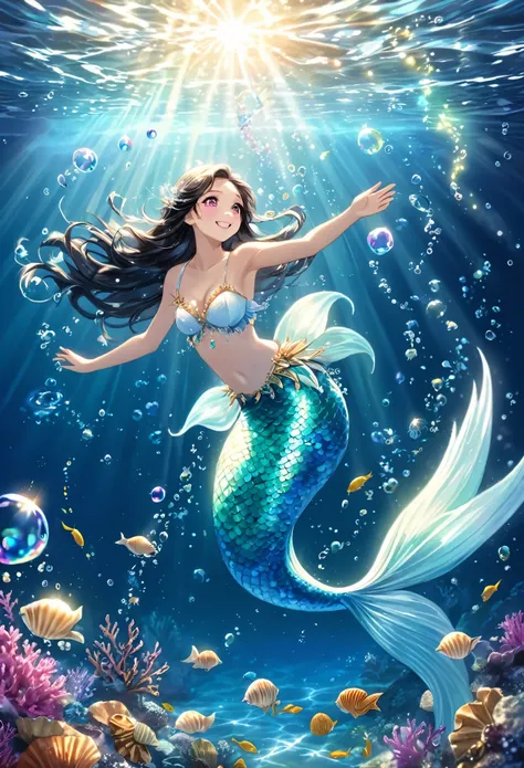 (best quality,4k,8k,highres,masterpiece:1.2),ultra-detailed,(realistic,photorealistic,photo-realistic:1.37),teenage boy magically transformed into beautiful mermaid girl,magical pearl,girl with pink eyes and long black hair,joyful expression,gender bending...