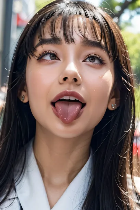 Audrey Hepburn、1 girl,debris flies,,award winning photos, very detailed, focus the eyes clearly, nose and mouth,face focus, super close up of face、woman with open mouth and closed eyes,20-year-old,black hair、symmetrical face,realistic nostrils、angle from b...