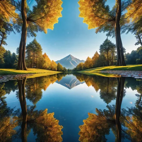 (best quality,4k,8k,highres,masterpiece:1.2),ultra-detailed,(realistic,photorealistic,photo-realistic:1.37),symmetry macro photography art,perfectly detailed reflections,symmetric cube,crystal clear pond,distorted reflections,sharp focus,shimmering water s...