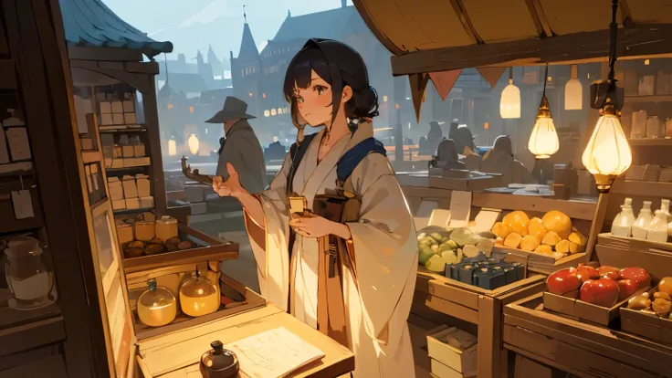 Cute female merchant selling magical items in a busy market,fantasy world,wearing a robe,Many products on display,masterpiece,Softline,midnight,A lot of lightning 