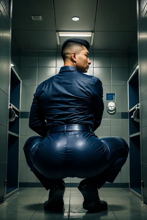 40-year-old boy ,Korean bulky male officer ,Wear navy blue police uniform shirt and police boots................ dark blue smooth tight trouser, pants split open with seams open, obvious underwear print ,((unrealistic super big tight butt wearing pants)), ...