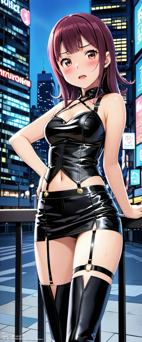 High resolution, adult woman , good lighting, despicable, , (No nudity), (((レザータイトmini skirt))), ((tight leather top)), (((leather thigh high boots))), (garter belt), abdomen only, (wet shorts),  ,  cute face, I&#39;m embarrassed and blush, humiliating, ((...