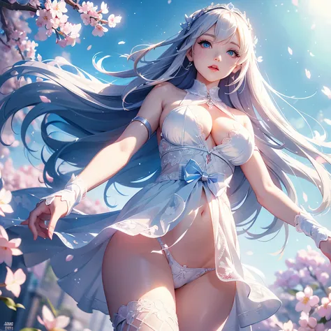 low angle,from below,TOPLESasterpiece:1.4, best quality)), ((masterpiece, highest resolution)), (beautiful illustration),1girl, semi long beautiful silver hair, (showing off beautiful  and nipples),
 (white elegant flair howing off white elegant panties)),...