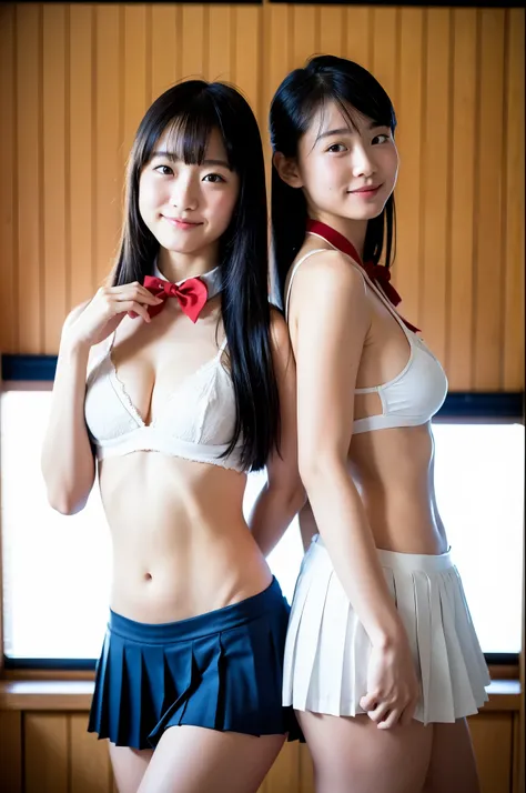 2 girls near window in old-Japanese classroom,white micro bikini-top,white bikini-bottom with navy-blue pleated micro mini skirt,white collar with red bow tie,18-year-old,bangs,a little smile,thighs,knees,straight hair with barrette,from below,front light