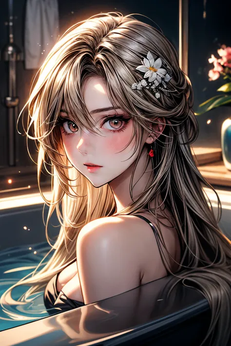 anime girl in a bathtub with flowers in her hair, guweiz on pixiv artstation, guweiz on artstation pixiv, splash art anime , blo...