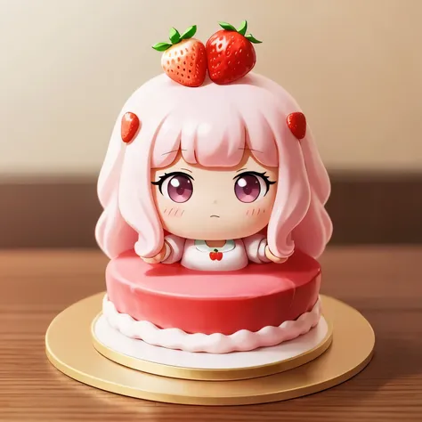 photoreal、anime character（chibi girl、the lines are thick、deformed）there is a whole cake with a picture of、strawberry、whipped cre...