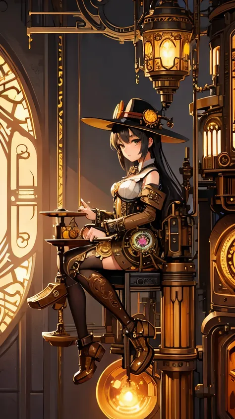 steampunkai。highest quality。masterpiece。detailed details。one girl。steampunk adventure。